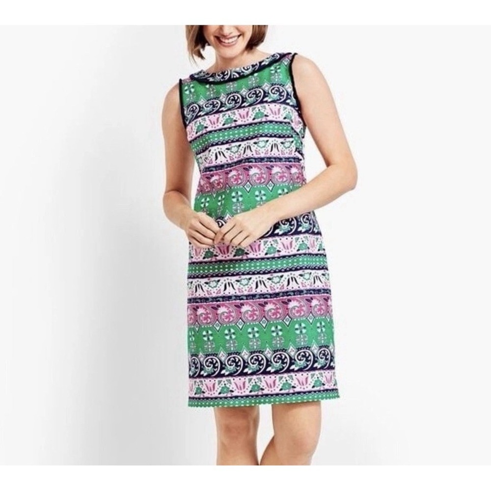Talbots Womens Sheath Dress 4 Multicolor Navy Green Pink Paisley Print Fringe